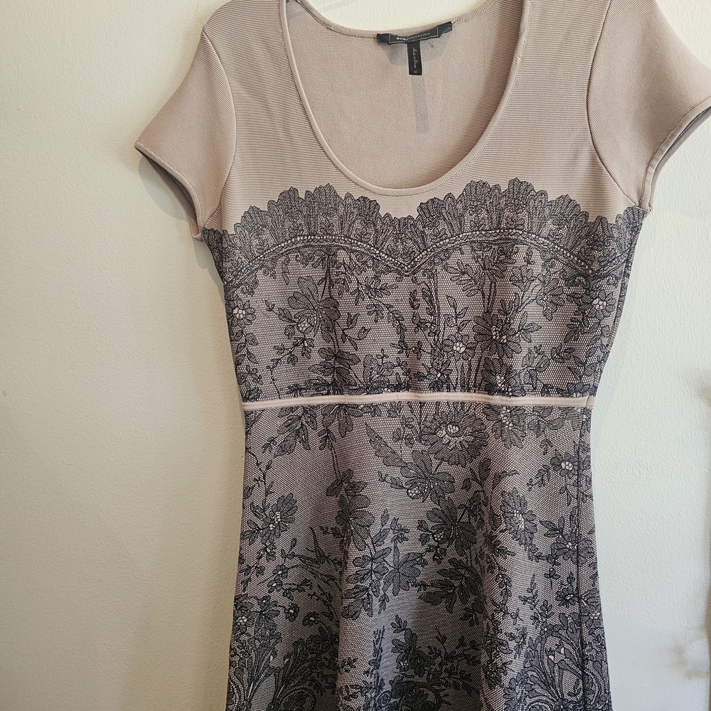 BCBGMaxAzria Tan and Black Lace Midi Dress